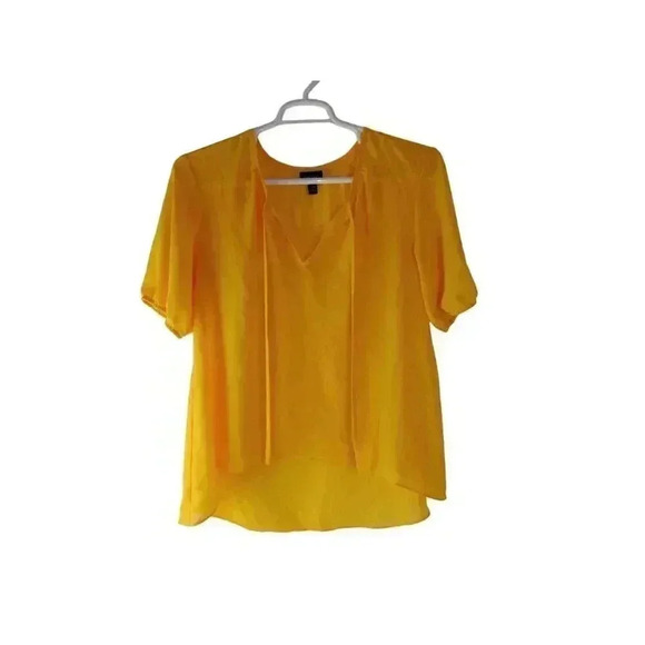 Nicole Miller Womens Top Yellow Short Sleeve Blouse Drawstring Neckline Size M - Picture 1 of 10